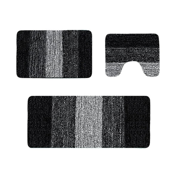 Bathroom Rugs Sets 3 Piece, Soft Absorbent Microfiber Bath Rugs with U-Shaped Contour Toilet Rug, Non-Slip Plush Shaggy Bath Mat Set (Black)