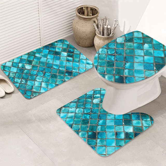 Bathroom Rugs Sets 3 Piece Square Glass Mosaic Absorbent Non Slip