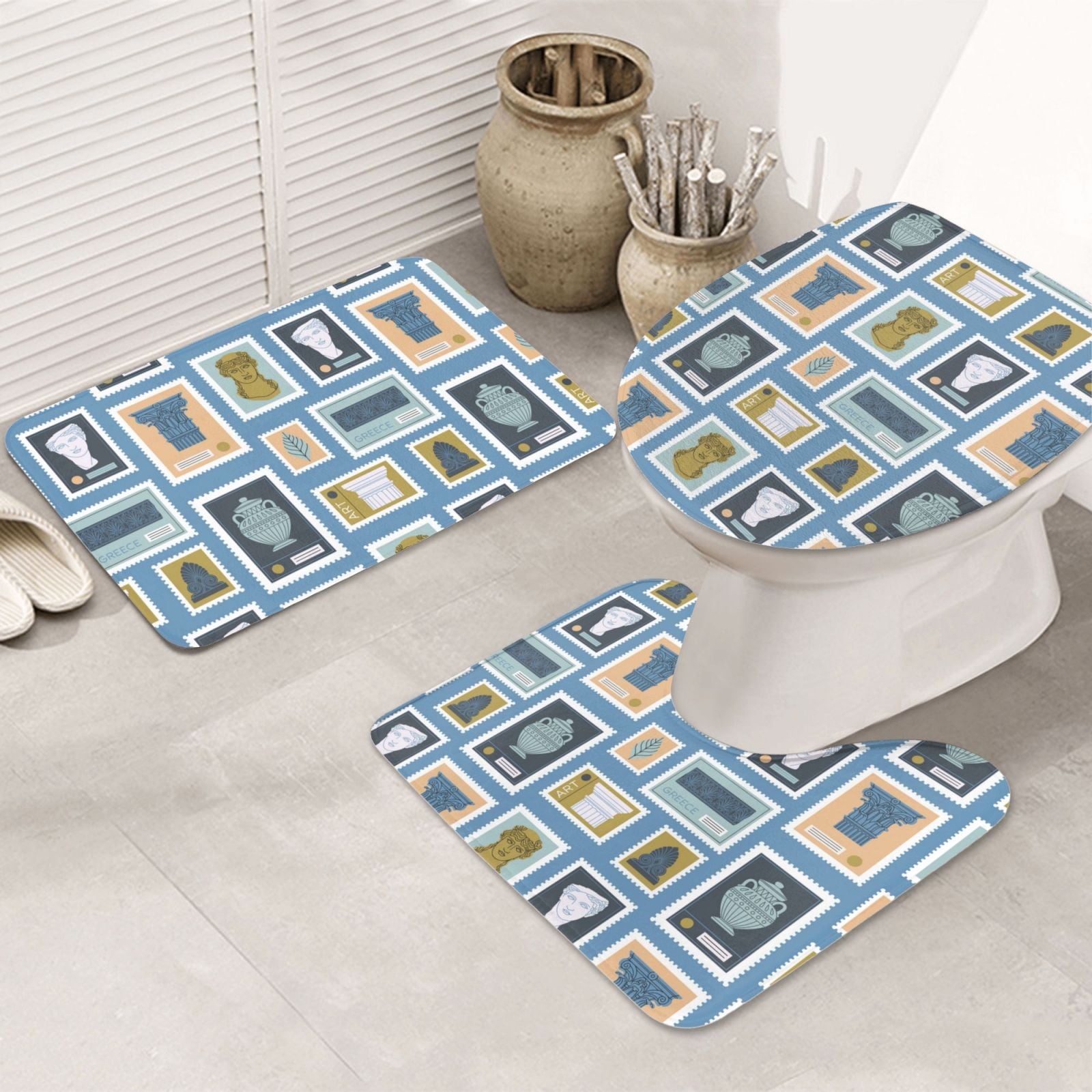Bathroom Rugs Sets 3 Piece, Stamp Pattern blue Cute Bath Mats for