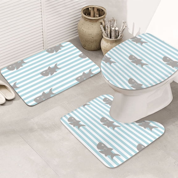 Bathroom Rugs Sets 3 Piece - Striped Cartoon Cute Shark Absorbent Non Slip Bath Mats, U-Shape Toilet Lid Cover, Contour Mat, Soft Washable Shower Mats Bath Rug Mat for Bathroom Tub Toilet