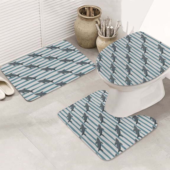 Bathroom Rugs Sets 3 Piece - Striped Cute Cartoon Shark Absorbent Non Slip Bath Mats, U-Shape Toilet Lid Cover, Contour Mat, Soft Washable Shower Mats Bath Rug Mat for Bathroom Tub Toilet