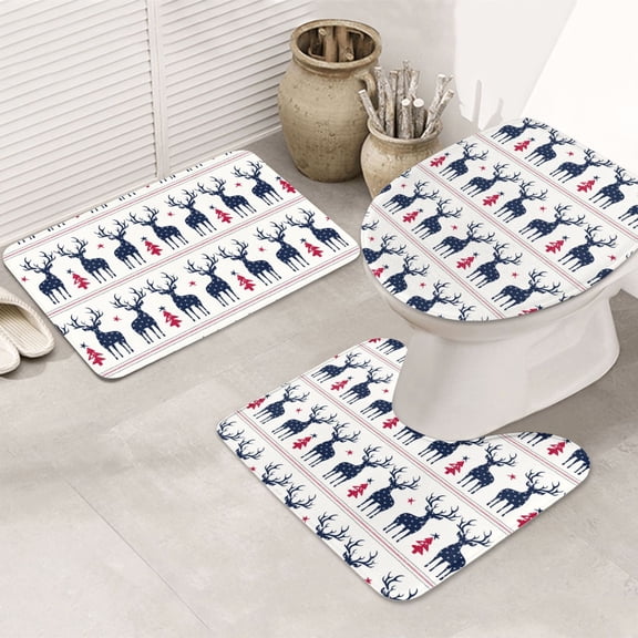 Bathroom Rugs Sets 3 Piece - Stripes Navy Blue Deer Snowflake Absorbent Non Slip Bath Mats, U-Shape Toilet Lid Cover, Contour Mat, Soft Washable Shower Mats Bath Rug Mat for Bathroom Tub Toilet