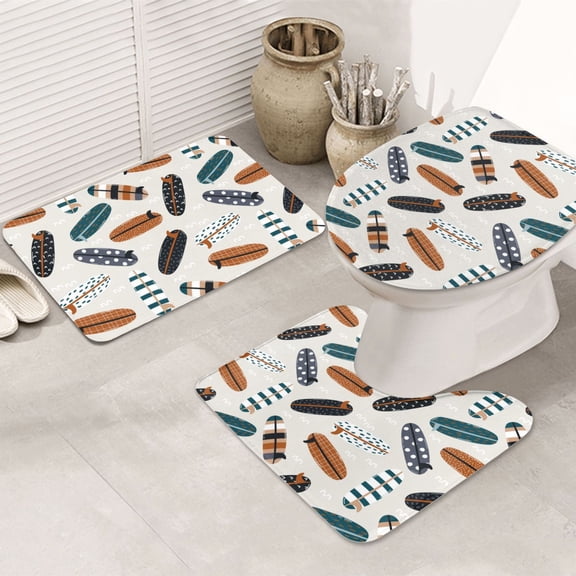 Bathroom Rugs Sets 3 Piece - Summer surf boards Absorbent Non Slip Bath Mats, U-Shape Toilet Lid Cover, Contour Mat, Soft Washable Shower Mats Bath Rug Mat for Bathroom Tub Toilet