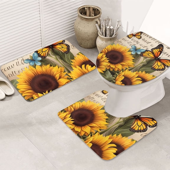 Bathroom Rugs Sets 3 Piece - Sunflower Butterfly Vintage Absorbent Non Slip Bath Mats, U-Shape Toilet Lid Cover, Contour Mat, Soft Washable Shower Mats Bath Rug Mat for Bathroom Tub Toilet