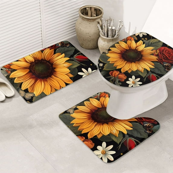 Bathroom Rugs Sets 3 Piece - Sunflower Floral Butterfly Absorbent Non Slip Bath Mats, U-Shape Toilet Lid Cover, Contour Mat, Soft Washable Shower Mats Bath Rug Mat for Bathroom Tub Toilet