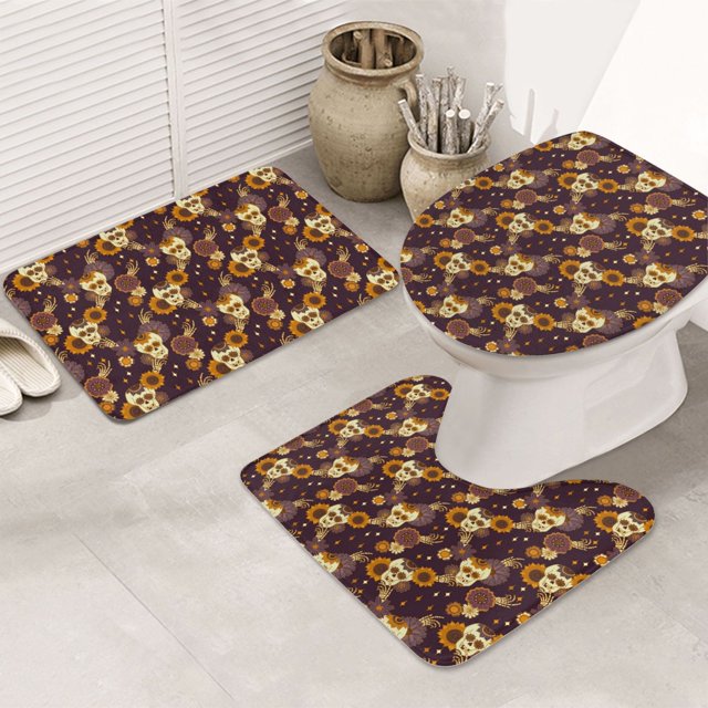 Bathroom Rugs Sets 3 Piece Sunflowers with Skull and Hand Absorbent