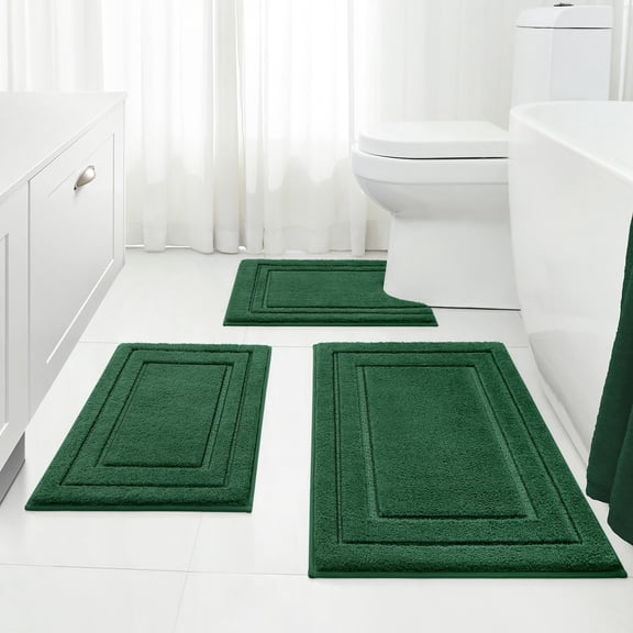 Bathroom Rugs Sets 3 Piece, Super Soft and Absorbent Non Slip Microfiber Toilet Bath Mat with U-Shaped (Dark Green)