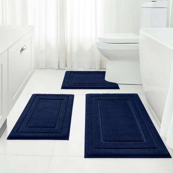 Bathroom Rugs Sets 3 Piece, Super Soft and Absorbent Non Slip Microfiber Toilet Bath Mat with U-Shaped (Navy Blue)