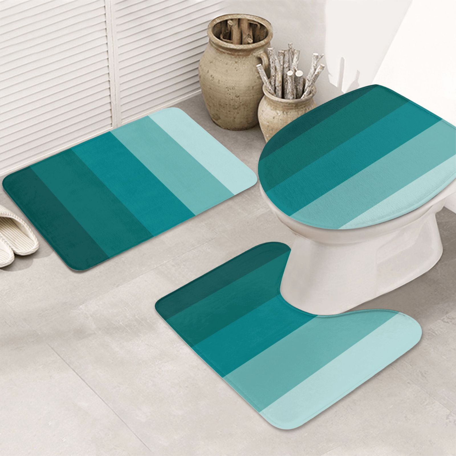 Bathroom Rugs Sets 3 Piece - Teal Color Absorbent Non Slip Bath Mats, U-Shape Toilet Lid Cover, Contour Mat, Soft Washable Shower Mats Bath Rug Mat for Bathroom Tub Toilet