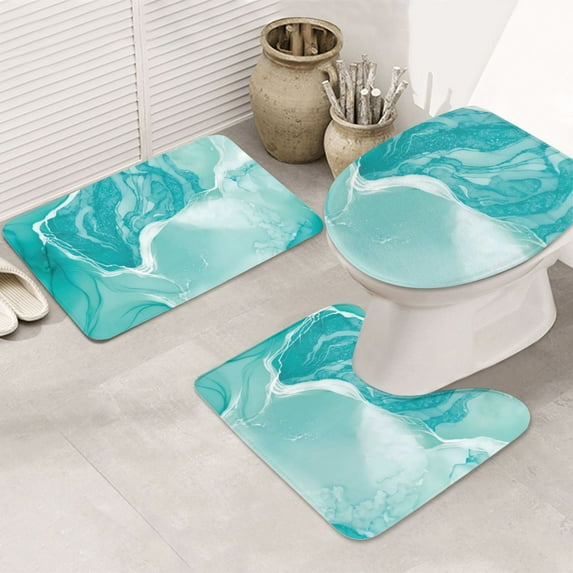 Bathroom Rugs Sets 3 Piece - Teal Turquoise 1 Absorbent Non Slip Bath Mats, U-Shape Toilet Lid Cover, Contour Mat, Soft Washable Shower Mats Bath Rug Mat for Bathroom Tub Toilet