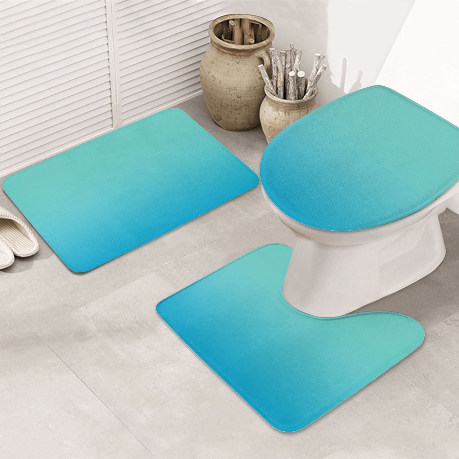 Bathroom Rugs Sets 3 Piece - Teal Turquoise Absorbent Non Slip Bath Mats, U-Shape Toilet Lid Cover, Contour Mat, Soft Washable Shower Mats Bath Rug Mat for Bathroom Tub Toilet