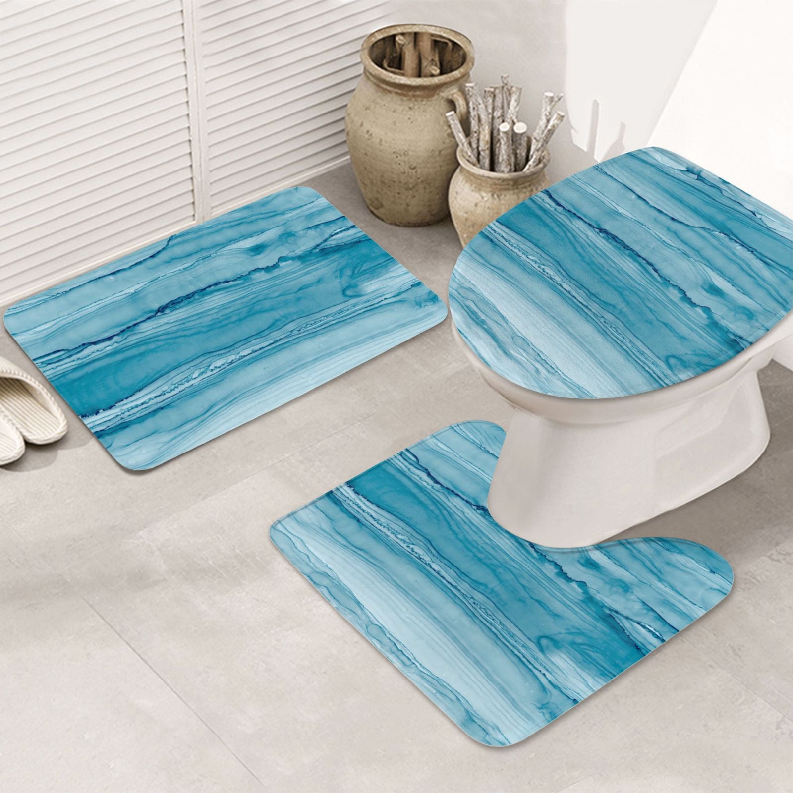 Bathroom Rugs Sets 3 Piece - Teal Turquoise Fluid Stripes Absorbent Non Slip Bath Mats, U-Shape Toilet Lid Cover, Contour Mat, Soft Washable Shower Mats Bath Rug Mat for Bathroom Tub Toilet