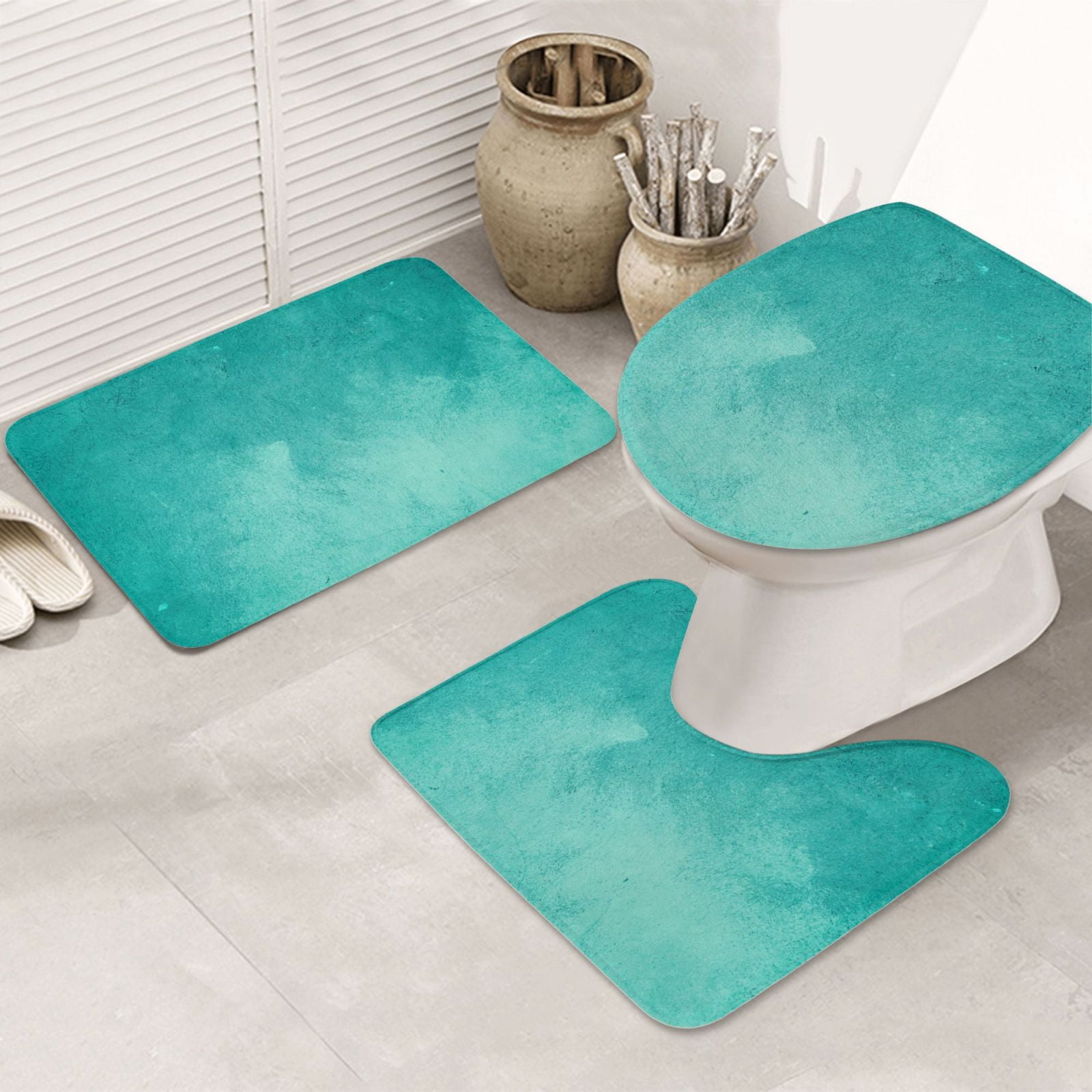 Bathroom Rugs Sets 3 Piece - Teal Turquoise1 Absorbent Non Slip Bath Mats, U-Shape Toilet Lid Cover, Contour Mat, Soft Washable Shower Mats Bath Rug Mat for Bathroom Tub Toilet