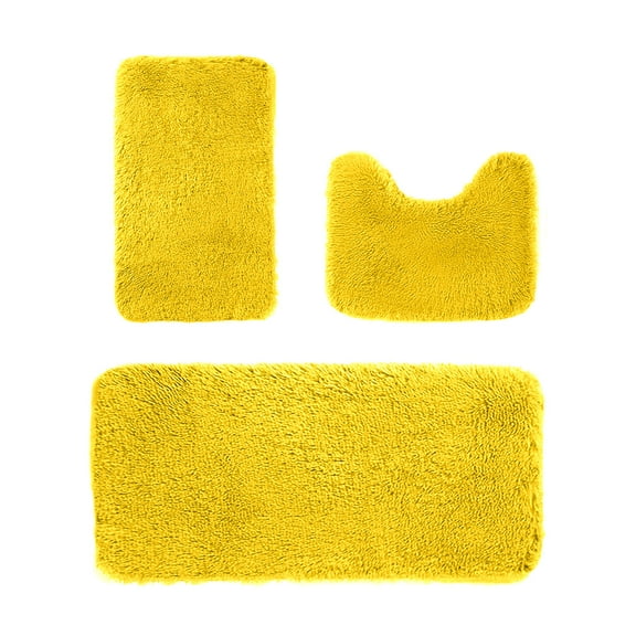 Bathroom Rugs Sets 3 Piece with Toilet Rug U-Shaped, Non-Slip Absorbentb Rugs and Mats for Bathroom Microfiber Shaggy Machine Washable Bath Rug Set, Yellow