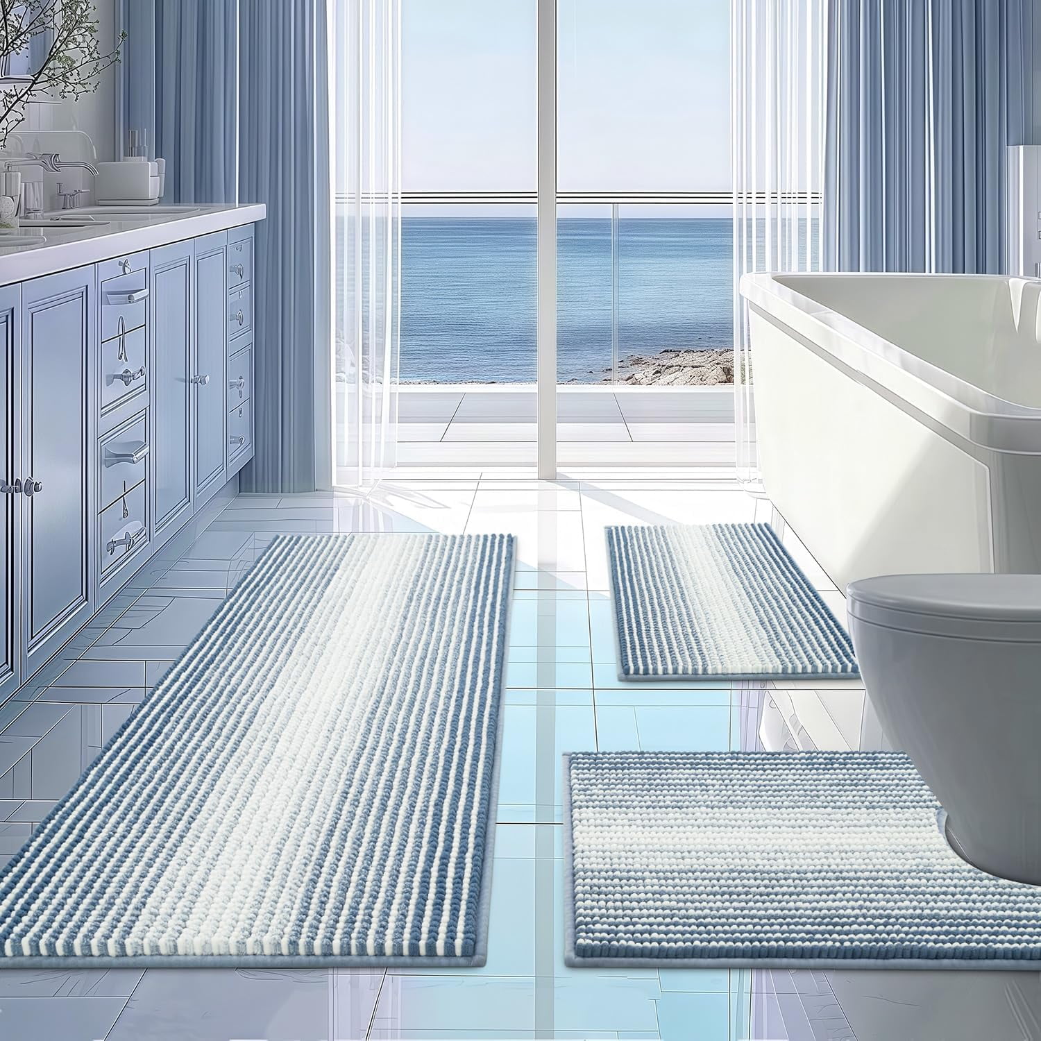 Bathroom Rugs Sets 3 Piece, Toilet Rugs U-Shaped Contour Bath Mat Set, Long Striped Absorbent Non Slip Chenille Shower Mat, Fog Blue
