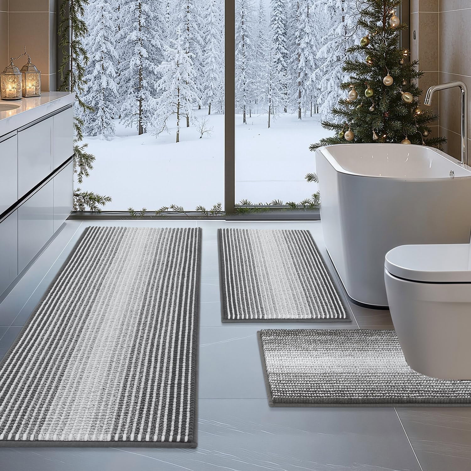 Bathroom Rugs Sets 3 Piece, Toilet Rugs U-Shaped Contour Bath Mat Set, Long Striped Absorbent Non Slip Chenille Shower Mat, Gray