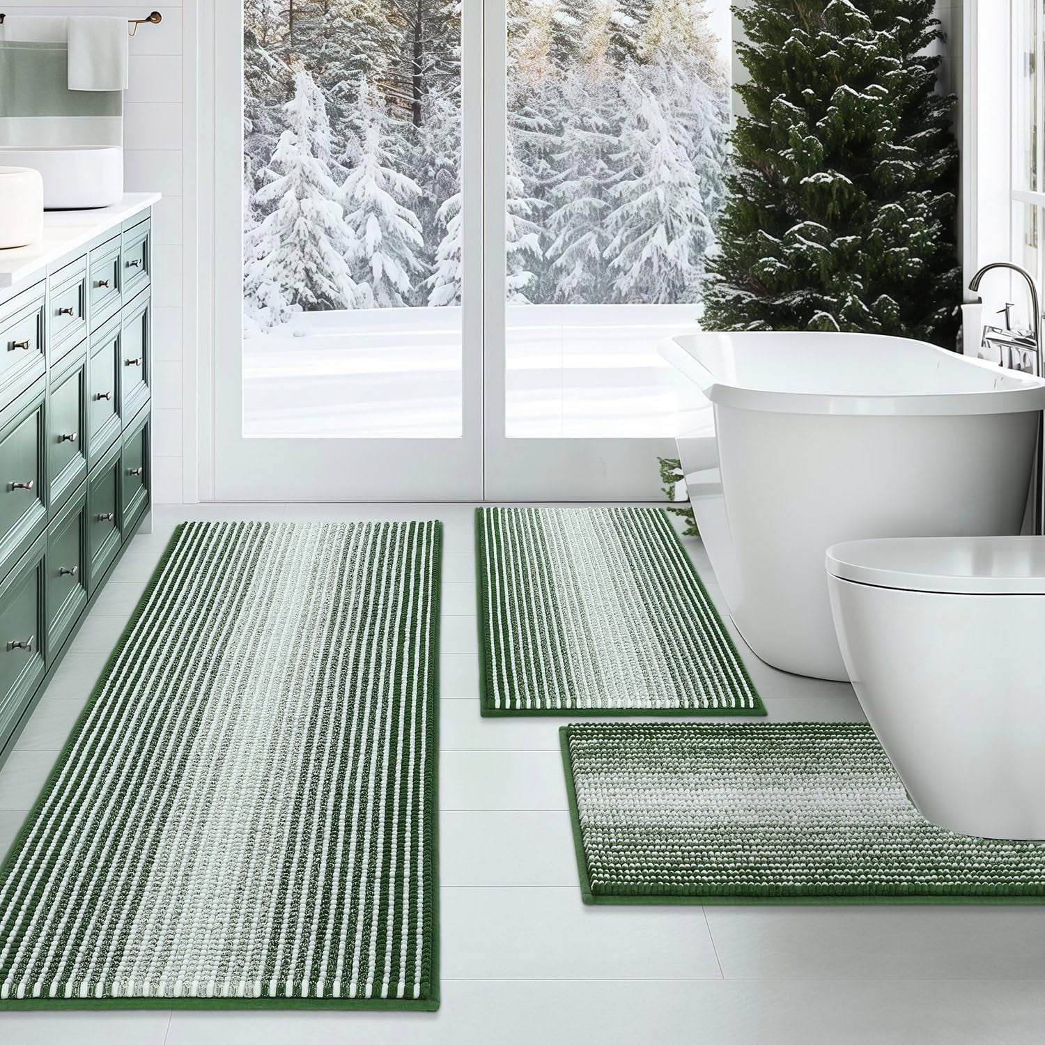 Bathroom Rugs Sets 3 Piece, Toilet Rugs U-Shaped Contour Bath Mat Set, Long Striped Absorbent Non Slip Chenille Shower Mat, Hunter Green