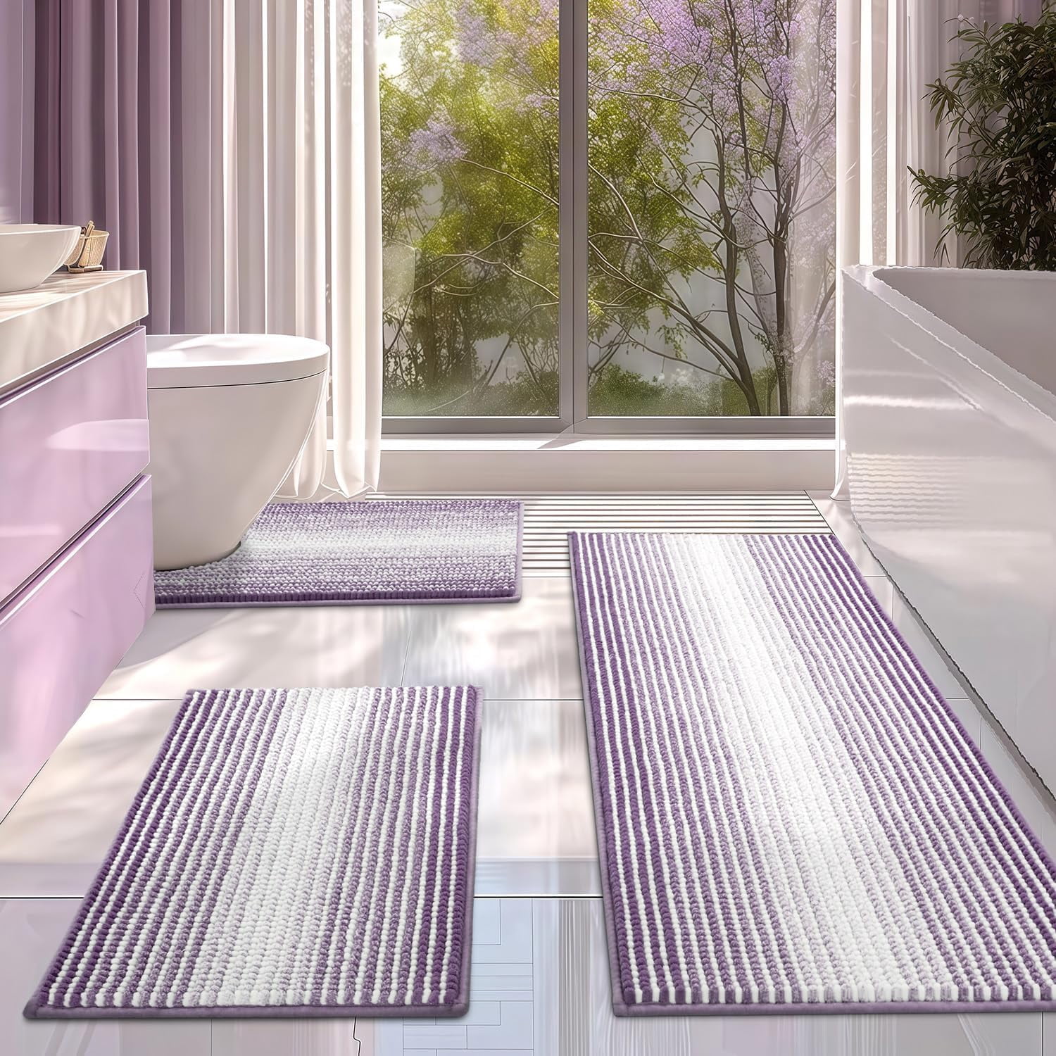 Bathroom Rugs Sets 3 Piece, Toilet Rugs U-Shaped Contour Bath Mat Set, Long Striped Absorbent Non Slip Chenille Shower Mat, Lavender Purple