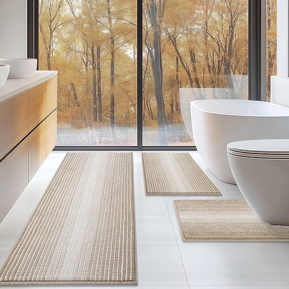 Bathroom Rugs Sets 3 Piece, Toilet Rugs U-Shaped Contour Bath Mat Set, Long Striped Absorbent Non Slip Chenille Shower Mat, Light Taupe