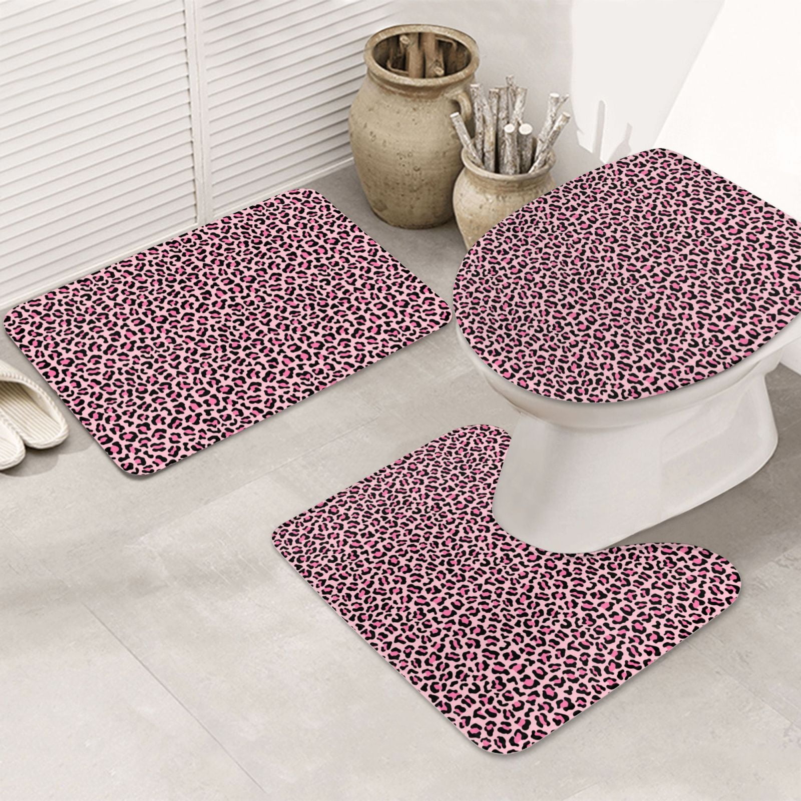 Bathroom Rugs Sets 3 Piece, Trendy pink Leopard cute Soft Bath Mats for