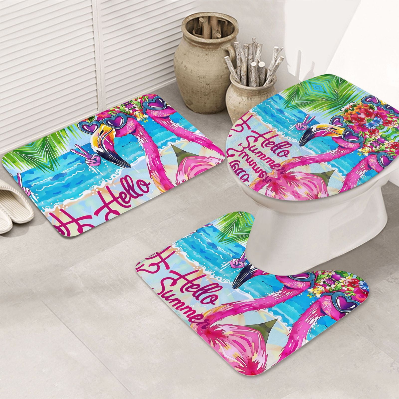 Bathroom Rugs Sets 3 Piece Tropical Flamingo Summer Absorbent