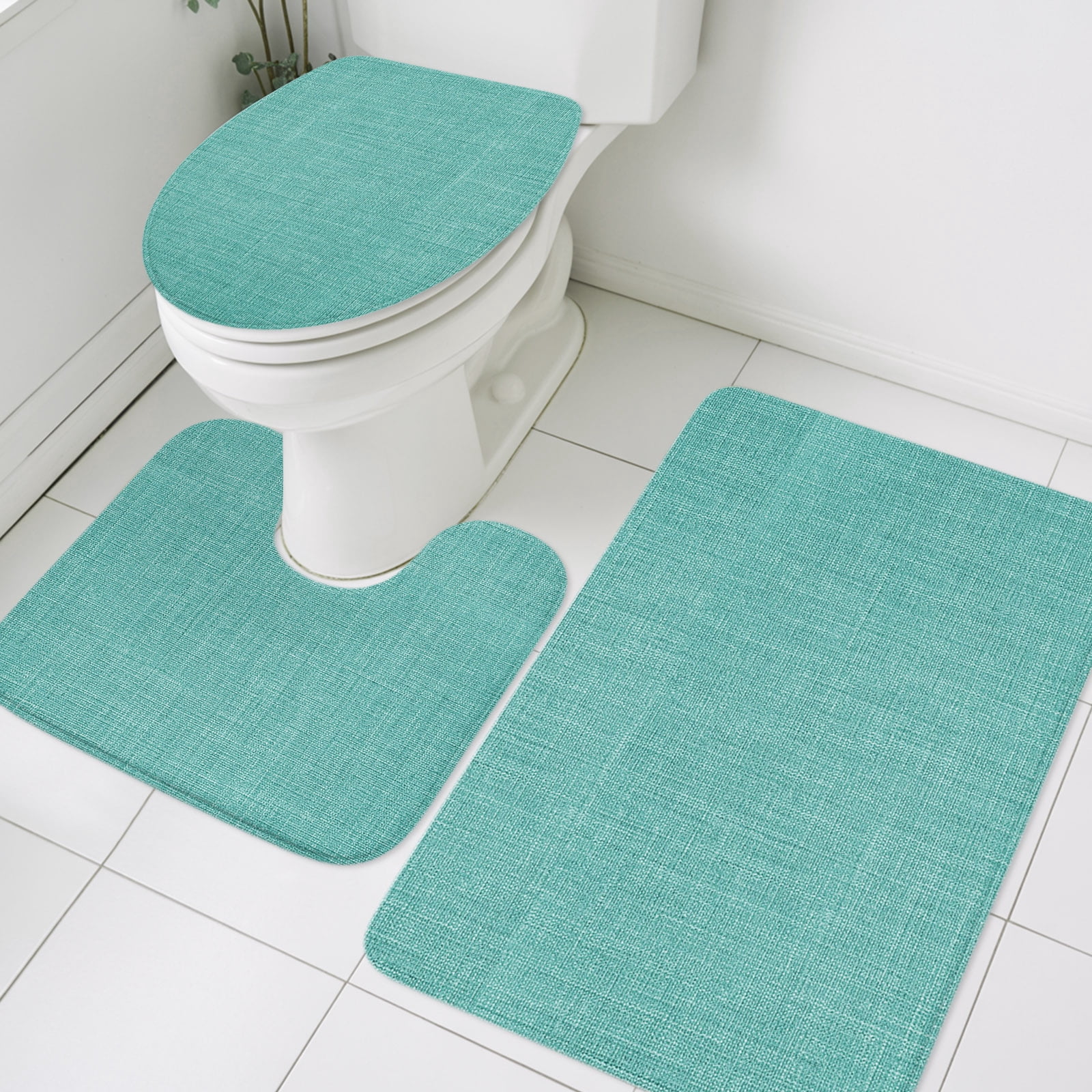 Bathroom Rugs Sets 3 Piece , Turquoise Linen Bath Mats Set With Toilet ...