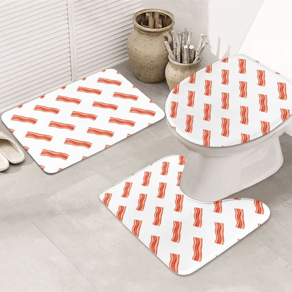 Bathroom Rugs Sets 3 Piece - Twill Bacon Print White Absorbent Non Slip Bath Mats, U-Shape Toilet Lid Cover, Contour Mat, Soft Washable Shower Mats Bath Rug Mat for Bathroom Tub Toilet
