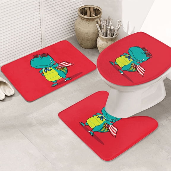 Bathroom Rugs Sets 3 Piece - USA Confident Superhero Dino Absorbent Non Slip Bath Mats, U-Shape Toilet Lid Cover, Contour Mat, Soft Washable Shower Mats Bath Rug Mat for Bathroom Tub Toilet