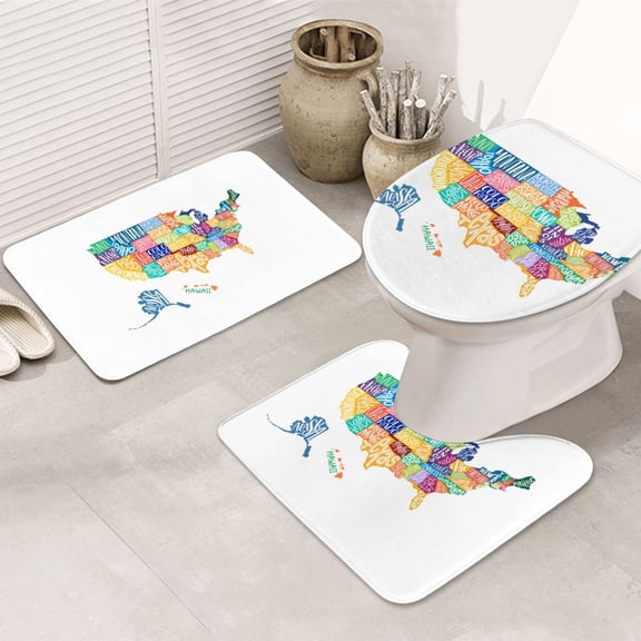 Bathroom Rugs Sets 3 Piece - USA MAP Absorbent Non Slip Bath Mats, U-Shape Toilet Lid Cover, Contour Mat, Soft Washable Shower Mats Bath Rug Mat for Bathroom Tub Toilet