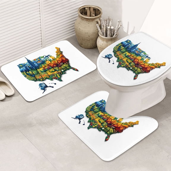 Bathroom Rugs Sets 3 Piece - USA Map Floral States Absorbent Non Slip Bath Mats, U-Shape Toilet Lid Cover, Contour Mat, Soft Washable Shower Mats Bath Rug Mat for Bathroom Tub Toilet