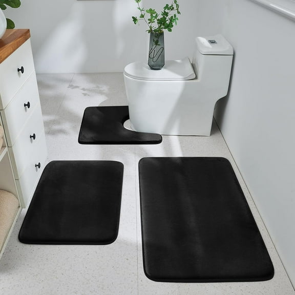 MY Bathroom Rugs Sets 3 Piece, Ultra Soft Velvet Memory Foam Bath Rugs, Non-Slip & PVC Backing Bathroom Mat Set, Washable Quick Dry Bathroom Rug - Black