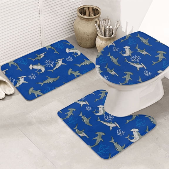 Bathroom Rugs Sets 3 Piece - Undersea coral hammerhead shark Absorbent Non Slip Bath Mats, U-Shape Toilet Lid Cover, Contour Mat, Soft Washable Shower Mats Bath Rug Mat for Bathroom Tub Toilet