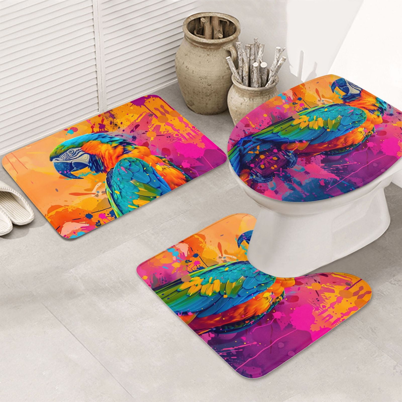 Bathroom Rugs Sets 3 Piece, Vibrant Parrot Splash Art Bath Mats for ...