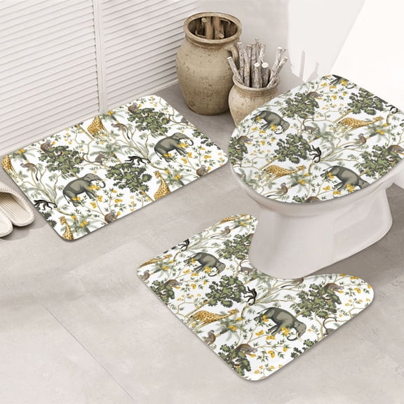 Bathroom Rugs Sets 3 Piece - Vintage Animals Palm Tree Absorbent Non Slip Bath Mats, U-Shape Toilet Lid Cover, Contour Mat, Soft Washable Shower Mats Bath Rug Mat for Bathroom Tub Toilet