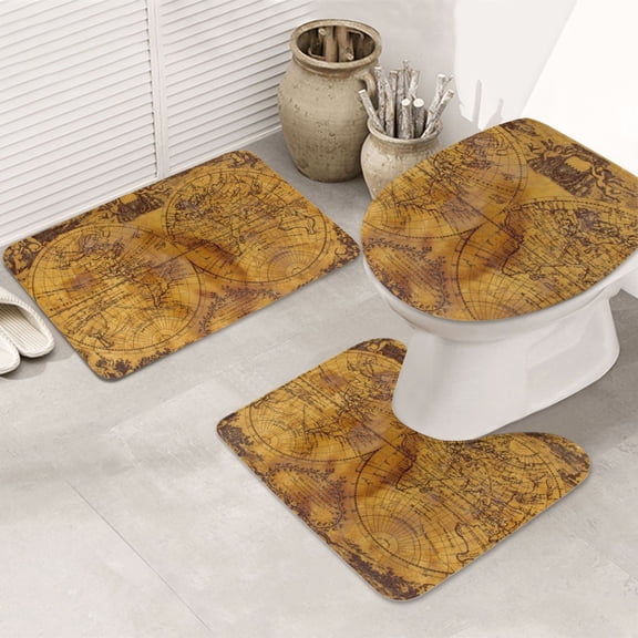 Bathroom Rugs Sets 3 Piece - Vintage Map Absorbent Non Slip Bath Mats, U-Shape Toilet Lid Cover, Contour Mat, Soft Washable Shower Mats Bath Rug Mat for Bathroom Tub Toilet
