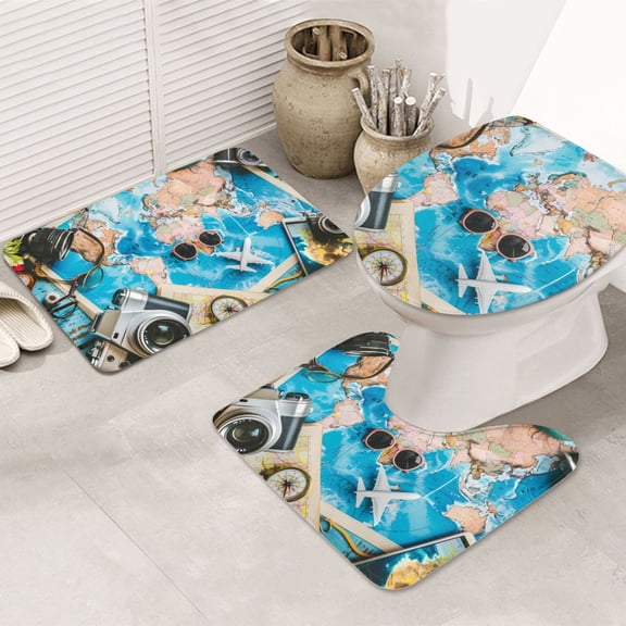 Bathroom Rugs Sets 3 Piece - Vintage Map Travel Essentials Absorbent Non Slip Bath Mats, U-Shape Toilet Lid Cover, Contour Mat, Soft Washable Shower Mats Bath Rug Mat for Bathroom Tub Toilet