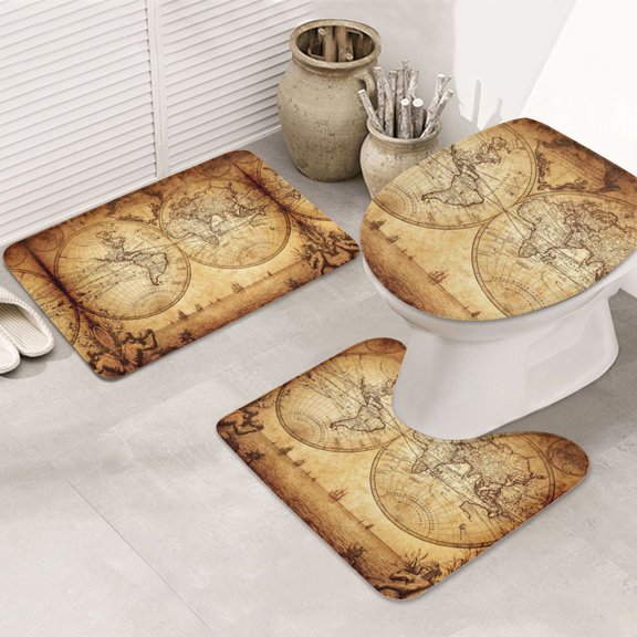 Bathroom Rugs Sets 3 Piece - Vintage Map Of World Absorbent Non Slip Bath Mats, U-Shape Toilet Lid Cover, Contour Mat, Soft Washable Shower Mats Bath Rug Mat for Bathroom Tub Toilet