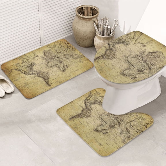 Bathroom Rugs Sets 3 Piece - Vintage World Map Absorbent Non Slip Bath Mats, U-Shape Toilet Lid Cover, Contour Mat, Soft Washable Shower Mats Bath Rug Mat for Bathroom Tub Toilet