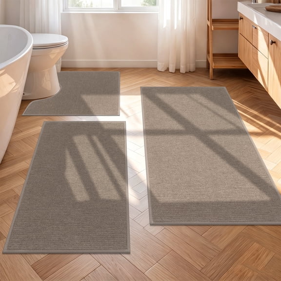 Enyhom Brown Bathroom Rugs Sets of 3 with U-Shaped Mat, Absorbent Bath Mats Non Slip Washable Bath Rugs Suitable for Sinks,Toilets,Bathtubs and Refrigerators