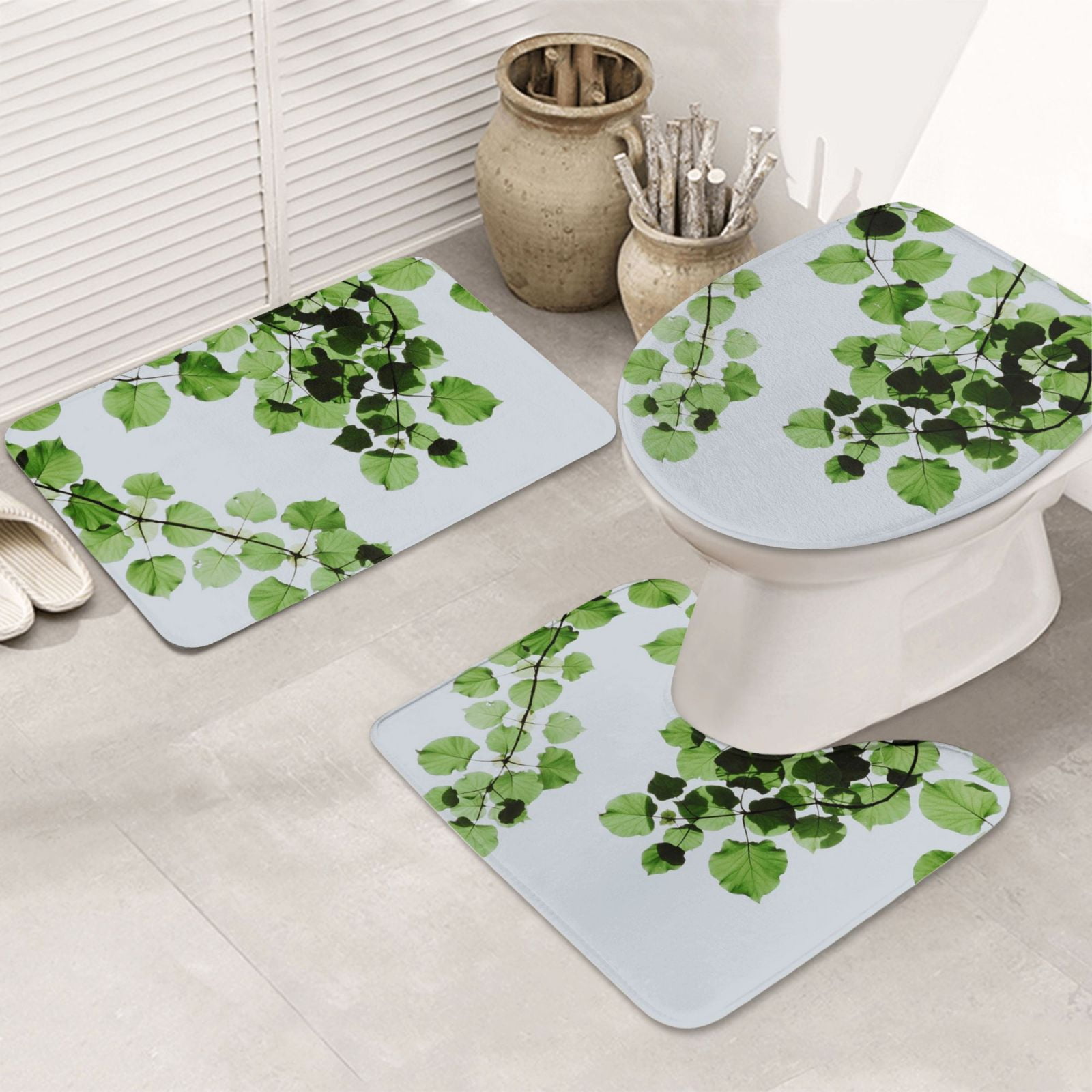 Bathroom Rugs Sets 3 Piece, Watercolor Green Leaves Cute Bath Mats for ...