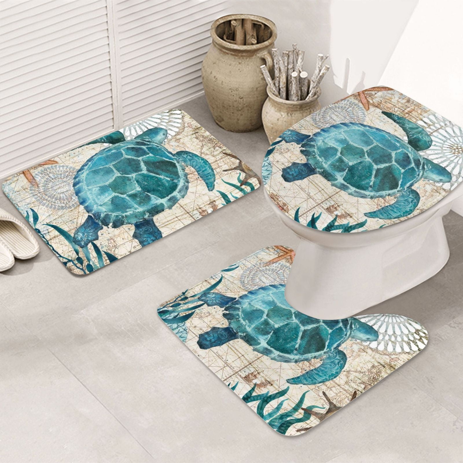 Bathroom Rugs Sets 3 Piece - Watercolor Sea Turtle Absorbent Non Slip Bath Mats, U-Shape Toilet Lid Cover, Contour Mat, Soft Washable Shower Mats Bath Rug Mat for Bathroom Tub Toilet