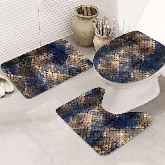 Bathroom Rugs Sets 3 Piece - Watercolor Snake Skin Absorbent Non Slip Bath Mats, U-Shape Toilet Lid Cover, Contour Mat, Soft Washable Shower Mats Bath Rug Mat for Bathroom Tub Toilet