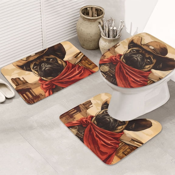 Bathroom Rugs Sets 3 Piece - Western French Bulldog Cowboy Absorbent Non Slip Bath Mats, U-Shape Toilet Lid Cover, Contour Mat, Soft Washable Shower Mats Bath Rug Mat for Bathroom Tub Toilet