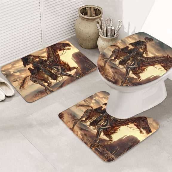 Bathroom Rugs Sets 3 Piece - Western Skeleton Cowboy Horse Absorbent Non Slip Bath Mats, U-Shape Toilet Lid Cover, Contour Mat, Soft Washable Shower Mats Bath Rug Mat for Bathroom Tub Toilet