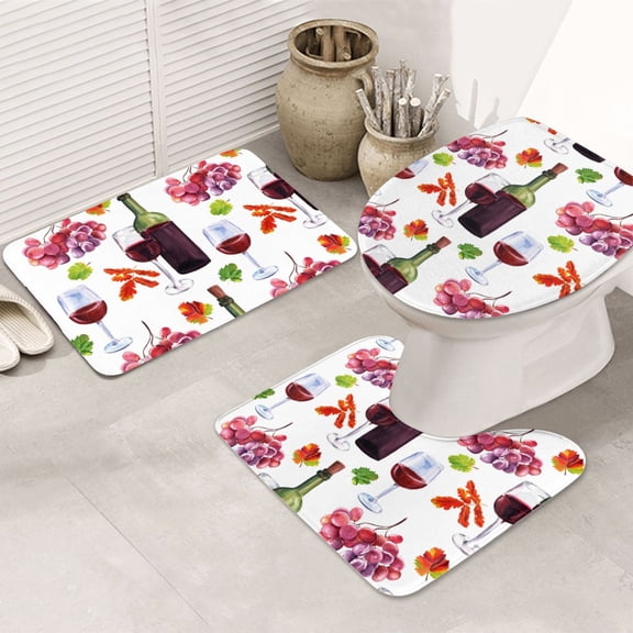 Bathroom Rugs Sets 3 Piece - Wine Print No.J91 Absorbent Non Slip Bath Mats, U-Shape Toilet Lid Cover, Contour Mat, Soft Washable Shower Mats Bath Rug Mat for Bathroom Tub Toilet