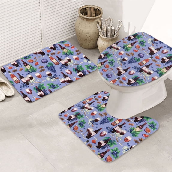 Bathroom Rugs Sets 3 Piece - Wine Print No.J912 Absorbent Non Slip Bath Mats, U-Shape Toilet Lid Cover, Contour Mat, Soft Washable Shower Mats Bath Rug Mat for Bathroom Tub Toilet