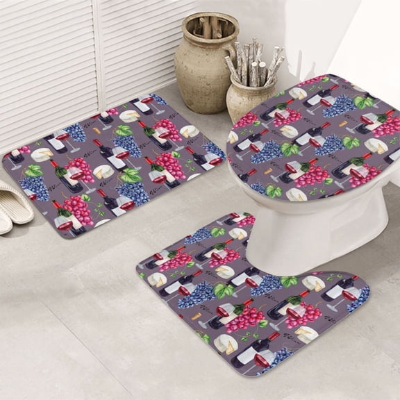 Bathroom Rugs Sets 3 Piece - Wine Print No.J938 Absorbent Non Slip Bath Mats, U-Shape Toilet Lid Cover, Contour Mat, Soft Washable Shower Mats Bath Rug Mat for Bathroom Tub Toilet