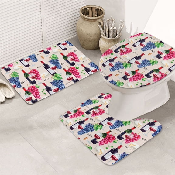 Bathroom Rugs Sets 3 Piece - Wine Print No.J939 Absorbent Non Slip Bath Mats, U-Shape Toilet Lid Cover, Contour Mat, Soft Washable Shower Mats Bath Rug Mat for Bathroom Tub Toilet