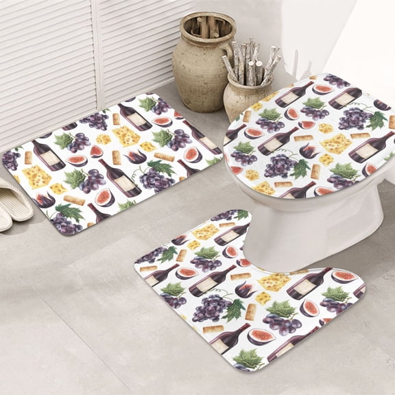 Bathroom Rugs Sets 3 Piece - Wine Print No.J943 Absorbent Non Slip Bath Mats, U-Shape Toilet Lid Cover, Contour Mat, Soft Washable Shower Mats Bath Rug Mat for Bathroom Tub Toilet