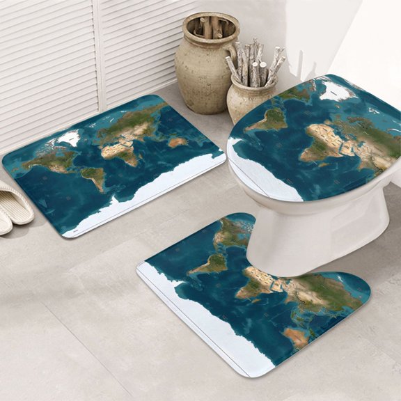 Bathroom Rugs Sets 3 Piece - World Map Absorbent Non Slip Bath Mats, U-Shape Toilet Lid Cover, Contour Mat, Soft Washable Shower Mats Bath Rug Mat for Bathroom Tub Toilet